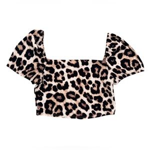 H&M Y2K Leopard Cheetah Print Crop with Puff Sleeves and Square Neck Size Large